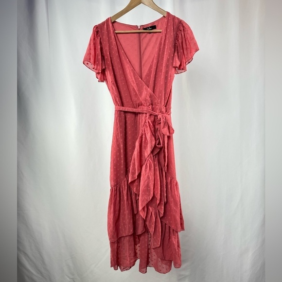 Lulus Have Harmony Swiss Dot Ruffled Faux Wrap Midi Dress in Mauve Size Medium - Picture 5 of 12